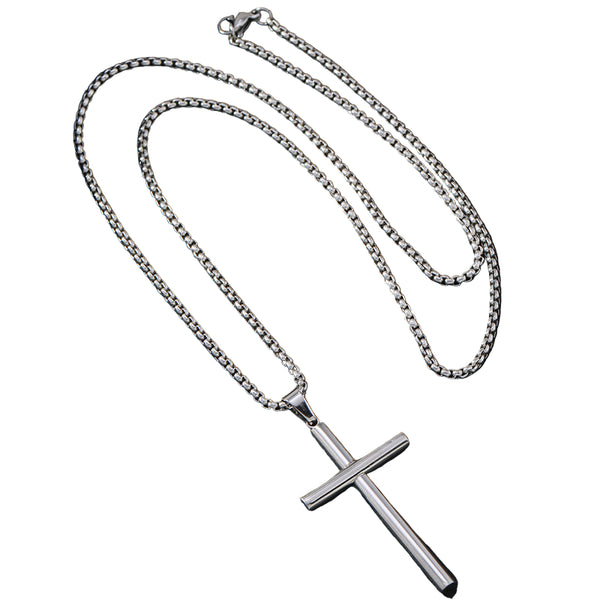 Rund Kors Halskjede med Skråkant  Titanstål, Unisex