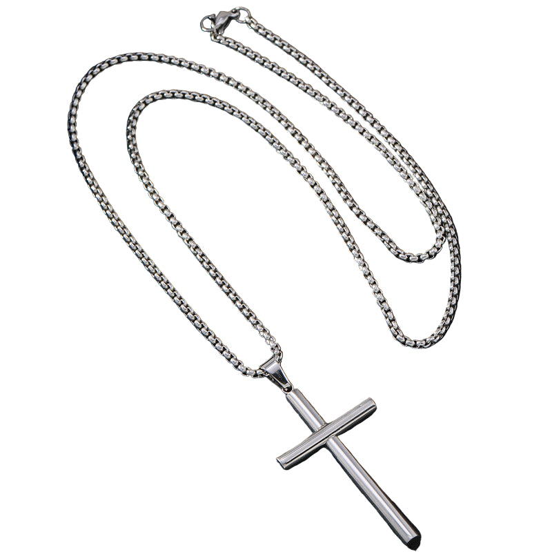 Rund Kors Halskjede med Skråkant  Titanstål, Unisex