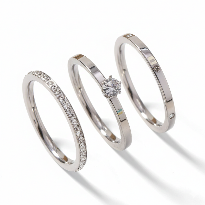 Strålende Eleganse 3 delt Ringsett i Rustfritt Stål