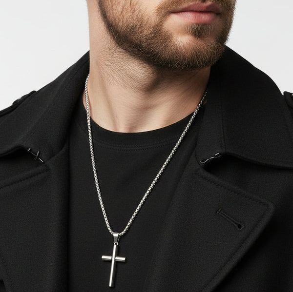 Rund Kors Halskjede med Skråkant  Titanstål, Unisex